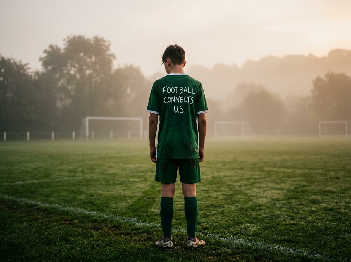 Young football player facing pitch wearing jersey with Football Connects Us